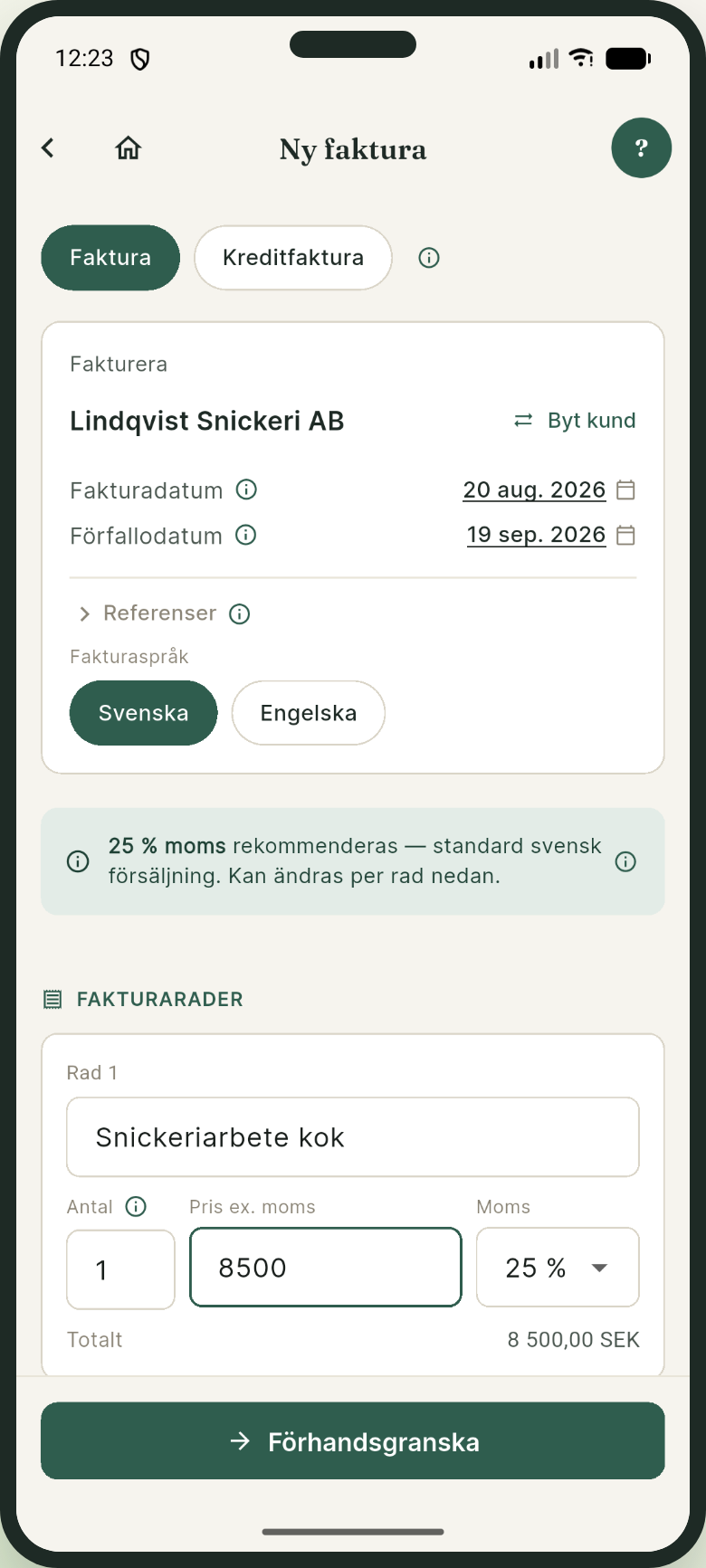 Skärmdump: lägga till fakturarad