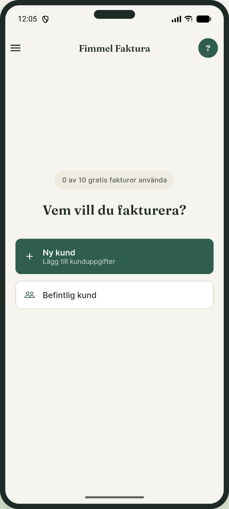 Fimmel Faktura app-skärm